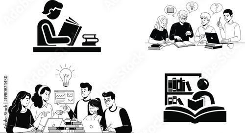 Diverse group of students engaged in learning activities including reading studying and collaborative discussions in a library setting