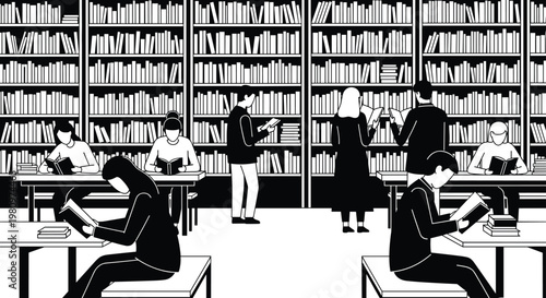 A vintage style illustration depicts a bustling library scene with readers and librarians evoking a sense of quiet study and knowledge