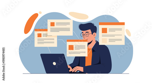 Man working on laptop with multiple screens, concept of multitasking and productivity