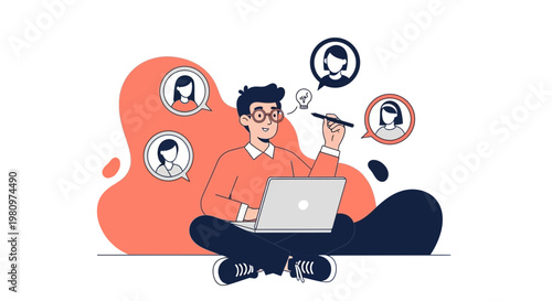 Man working on laptop with team communication icons, remote work concept