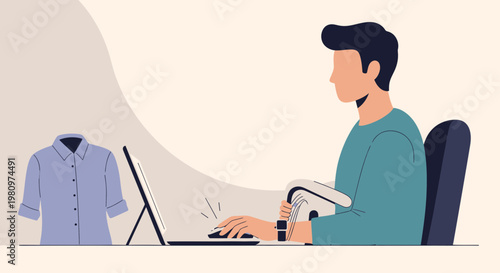 Man working on laptop with shirt and scanner, online shopping concept