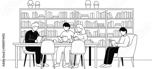 A black and white illustration depicts a bustling library scene with students studying and interacting amongst bookshelves
