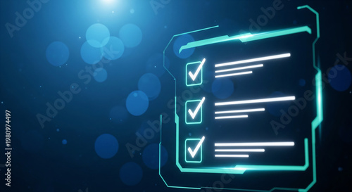 Digital Checklist Glowing Interface Blue Bokeh Background