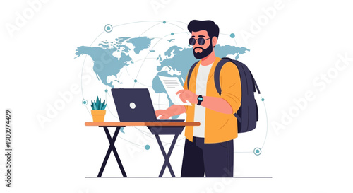 Man working on laptop with world map and global network background, remote work concept