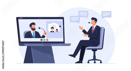 Online Business Meeting: Man in Suit Video Conferencing with Colleagues