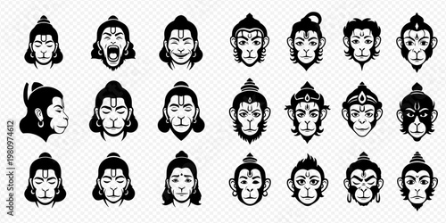 Set of various black and white mythological character faces, including Hindu deities and monkey-like figures, with different expressions and headwear.