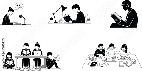 A series of black and white illustrations depicting people engaged in focused study and collaborative learning environments
