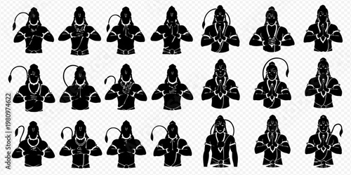 Set of Hanuman God silhouette vector illustrations, depicting various poses and forms of the Hindu deity.