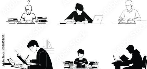 Intricate black and white illustrations of traditional figures in formal attire and cultural settings