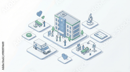 Blue Building with Various Icons Around.