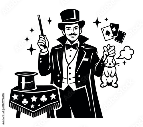 Magician character performing an illusion, pulling a rabbit from a top hat. Concept of entertainment, show, and mystery