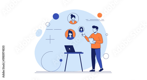 Online Meeting Concept: Man Presenting to Remote Team via Video Conference on Laptop