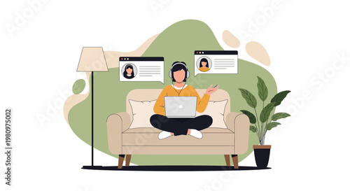 Person working remotely on laptop, online communication, home office setup