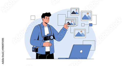 Photographer organizing photos on laptop, digital workflow, creative process