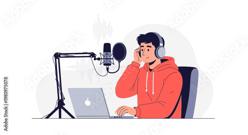 Podcaster Recording Audio with Laptop and Microphone in Studio