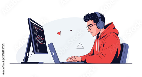 Programmer Coding on Laptop and Desktop with Headphones, Focused Developer at Work