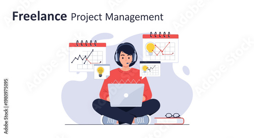 Freelance Project Management: Person working remotely with laptop and charts