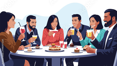 Group of happy friends or colleagues sitting around a table enjoying drinks and desserts while having a pleasant conversation.