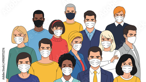 Diverse group of people from different backgrounds wearing medical face masks to prevent the spread of illness in public.