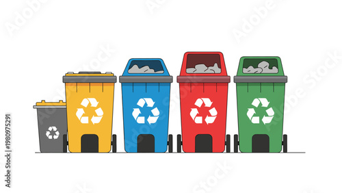 Row of colorful recycling bins for different types of waste disposal like paper, plastic, glass, and general trash.