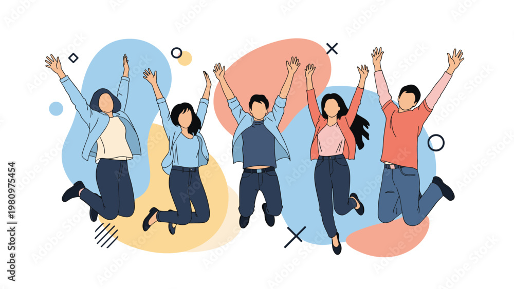 © Naim - Group of diverse happy young people jumping for joy against a colorful abstract background with geometric shapes.