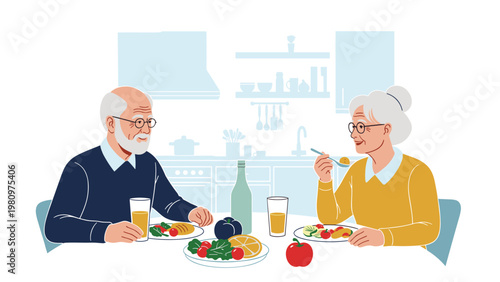 Happy elderly couple sitting at a dining table together and enjoying a healthy breakfast with fruit and juice at home.