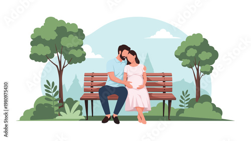 Happy pregnant woman sitting with her husband on a park bench in a beautiful nature setting during a peaceful day.