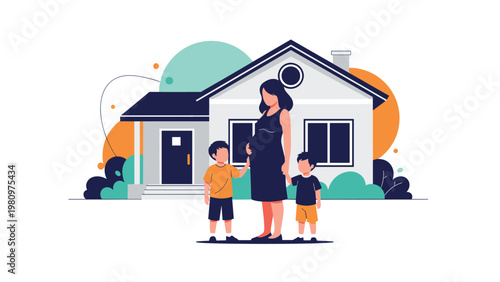 Pregnant woman standing in front of her family house with her two young sons symbolizing home, safety, and a new life.