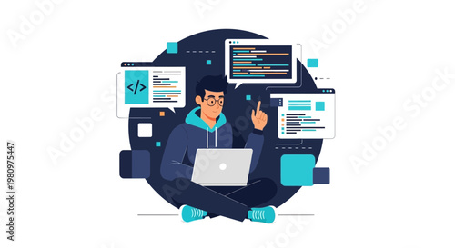 Programmer working on laptop with code on screens, coding concept