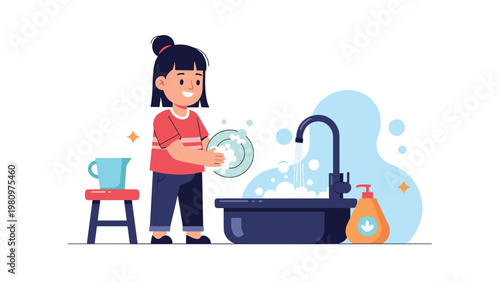 Happy young girl standing at a kitchen sink and helping with the housework by washing dishes in a very responsible way.