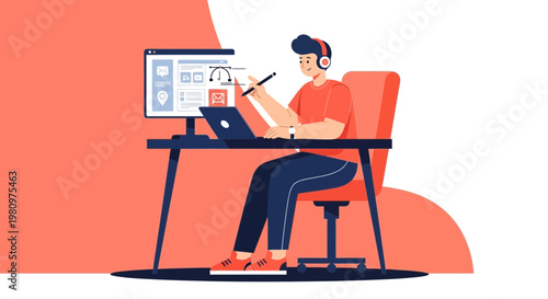 Graphic designer working on computer, digital art, web design, illustration, creative workspace