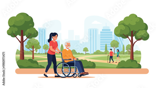 Caring young woman pushing an elderly man in a wheelchair during a peaceful stroll in a sunny city park with many trees.
