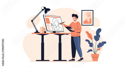 Graphic designer working on digital tablet and computer, creating digital art