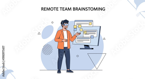 Remote Team Brainstorming: Man in VR headset collaborates on digital whiteboard