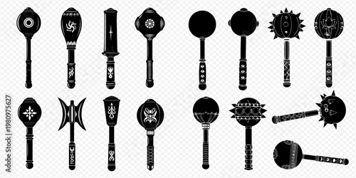 Collection of ancient maces and weapons, featuring various designs and historical armaments for combat and warfare.