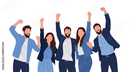 Joyful team of young colleagues cheer together with their arms raised in celebration of a successful project or shared victory.