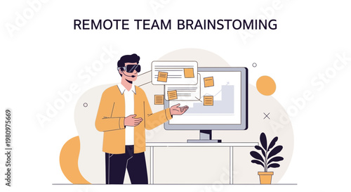 Remote Team Brainstorming with VR headset, virtual collaboration, modern office