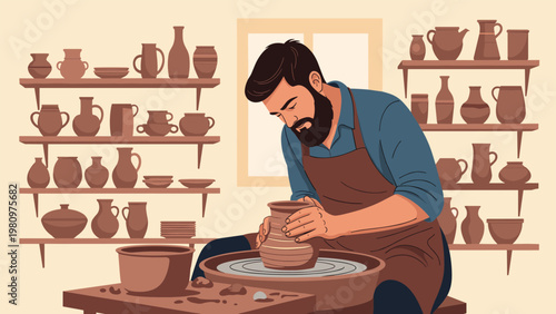 Skilled male artisan focuses on shaping clay on a traditional pottery wheel in a workshop filled with various ceramic vessels.