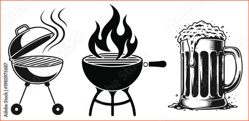 Black and white illustration of summer grilling and a cold beer