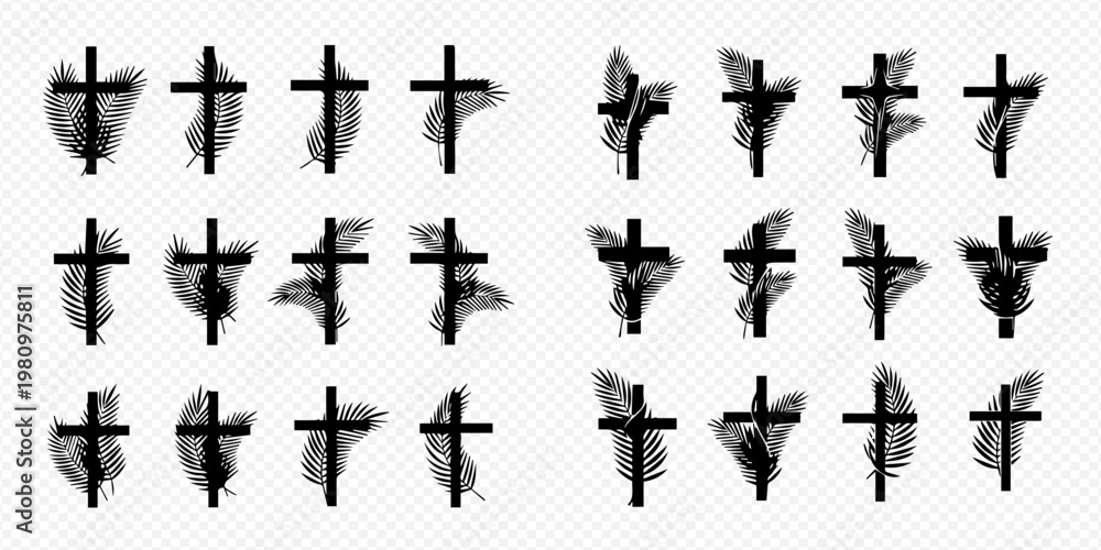 Fototapeta premium Set of black crosses with palm leaves, a symbol of faith and devotion, suitable for religious designs.