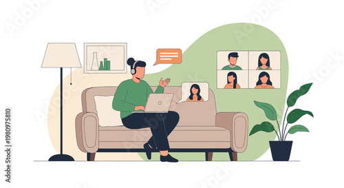 Remote work: person on sofa with laptop in video call with colleagues