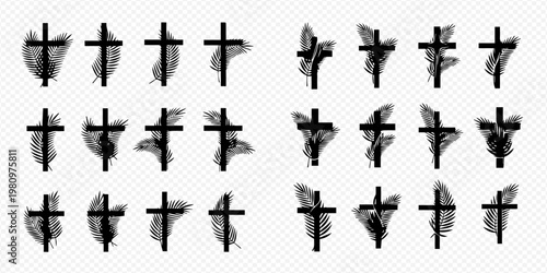 Set of black crosses with palm leaves, a symbol of faith and devotion, suitable for religious designs.