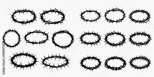 Set of black thorn crowns and wreaths, symbolizing suffering, sacrifice, and religious themes on a transparent background.