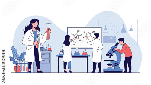 Team of dedicated scientists works in a high-tech laboratory using microscopes and glassware to conduct chemical experiments.