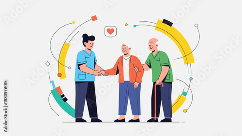 Compassionate young nurse or caregiver assists an elderly couple during their walk in a supportive and colorful abstract environment.
