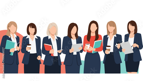 Diverse group of professional businesswomen in suits standing together holding tablets, coffee cups, and folders in an office.