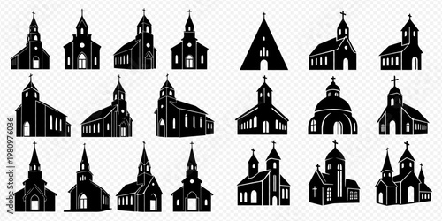 Collection of various church building silhouettes, religious architecture icons, and sacred place illustrations.