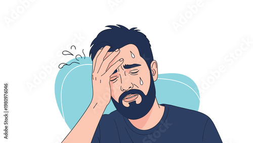 Illustration of a man with a beard holding his head and sweating, depicting stress, headache, fever, or a difficult situation.