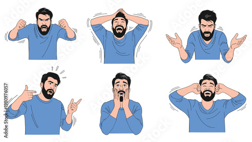 Collection of illustrations showing a man experiencing intense emotions such as anger, frustration, and shock in various poses.