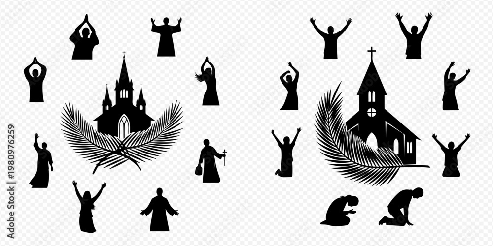 Fototapeta premium Religious Silhouettes with Churches, Feathers, and Praying People Icons.
